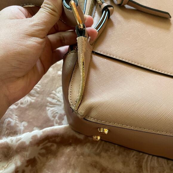 Calpak Faux Leather Backpack Tan with Whipstitch Trim in mauve - Picture 10 of 11